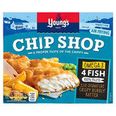 Young's Chip Shop 4 Omega 3 Fish Fillets 400g, shown with fries. The packaging highlights health benefits, air fryer suitability, and signature crispy bubbly batter for a classic fish and chips experience.
